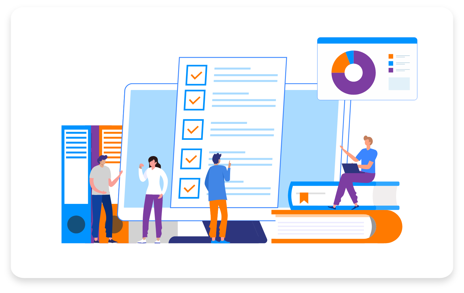 Vector image illustrating a company working to stay compliant with applicable rules and regulations.