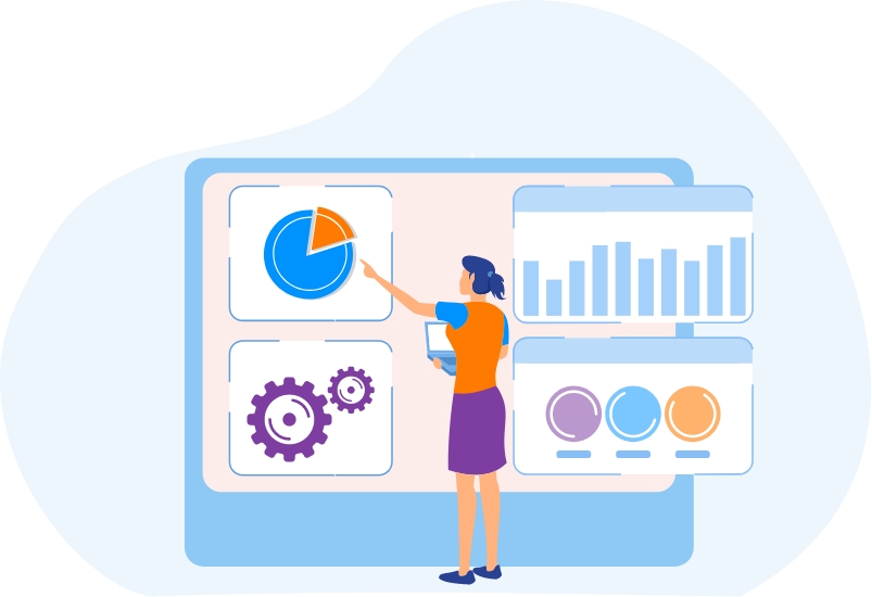 Vector image of a manager comparing the performance of different teams in the company.