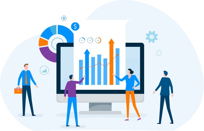 Vector image showing team members analysing the team's performance.