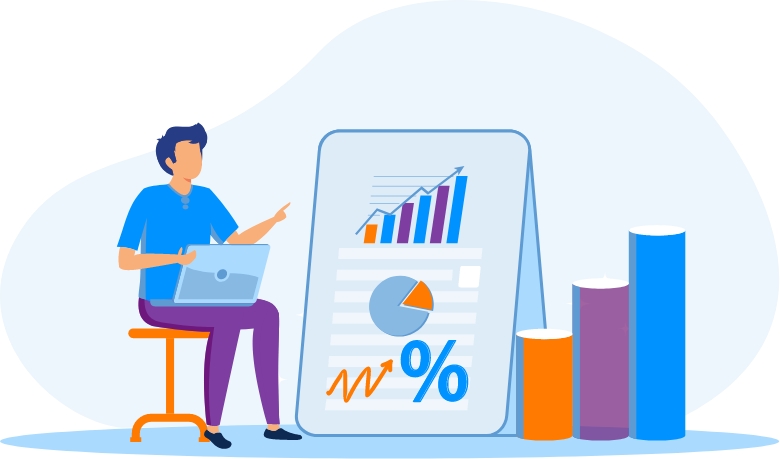 Vector image of a manager analysing the report on asset optimization.