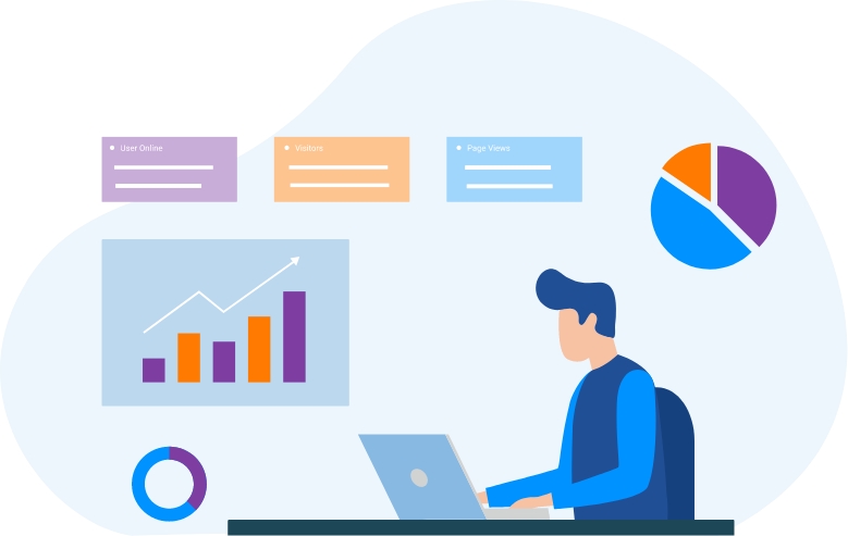 Vector image of a manager analysing the usage of softwares.