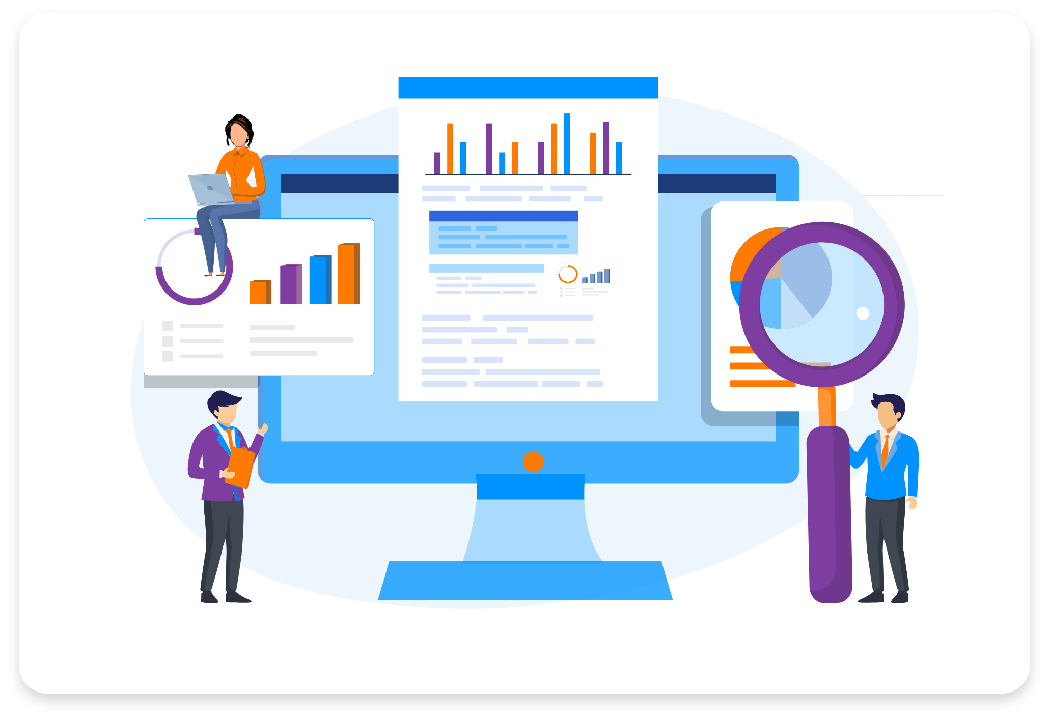 Vector illustration of monitoring the activities of an employee. A manager is seen analysing the employee activities with a magnifying glass.