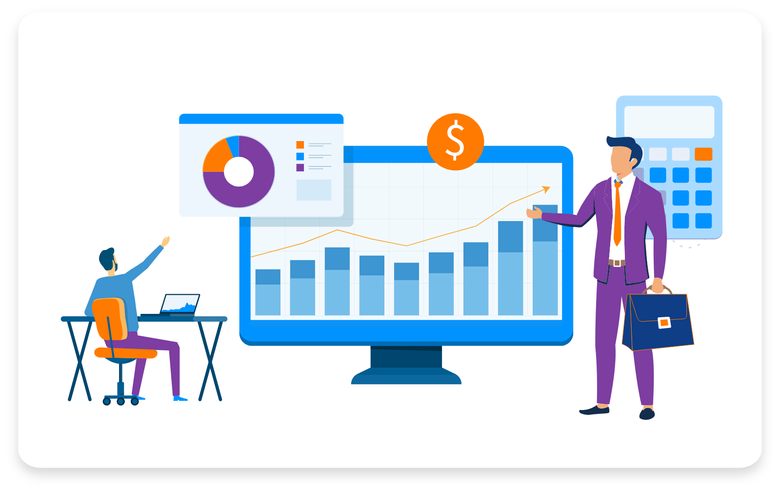 Vector image illustrates banking and finance operations with data analysis and growth rates.