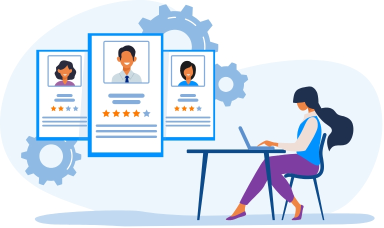 Vector illustration of employee assessment. A female manager assessing other employees.