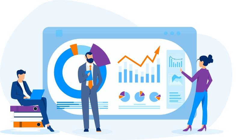 Vector illustration of employee productivity analysis. A manager questions an employee about his performance report.