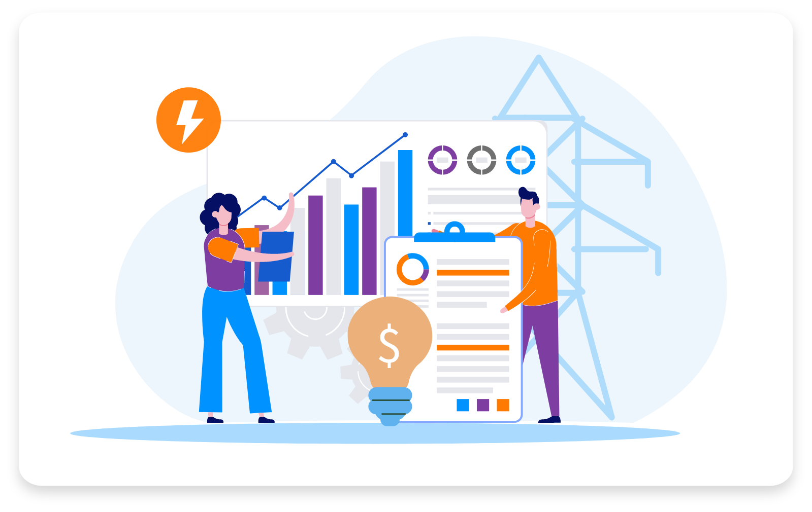 The vector image illustrates a manager monitoring with real-time analytics for Energy & Utilities industry.