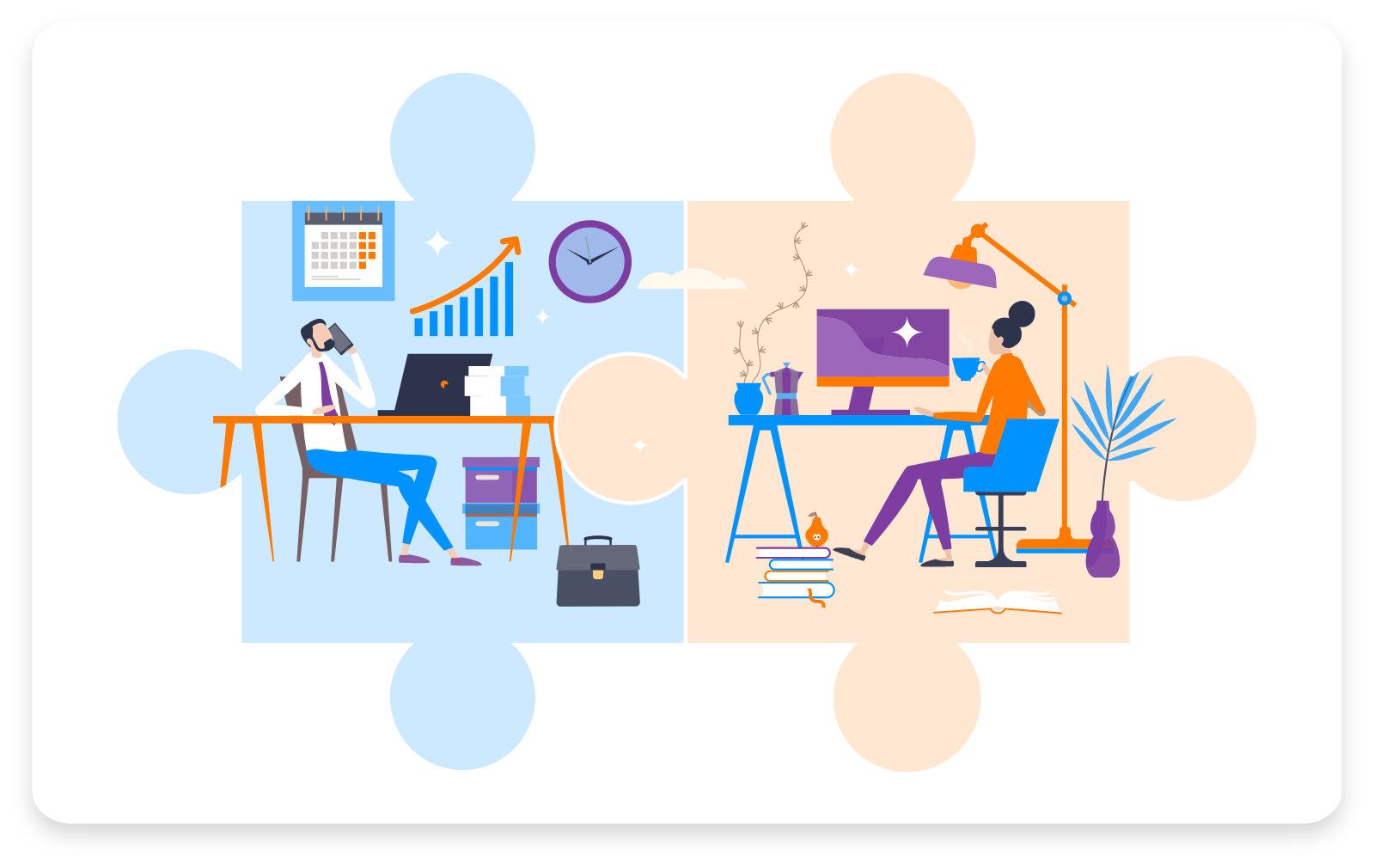 Vector image illustrating time tracking and employee monitoring of a hybrid working model.