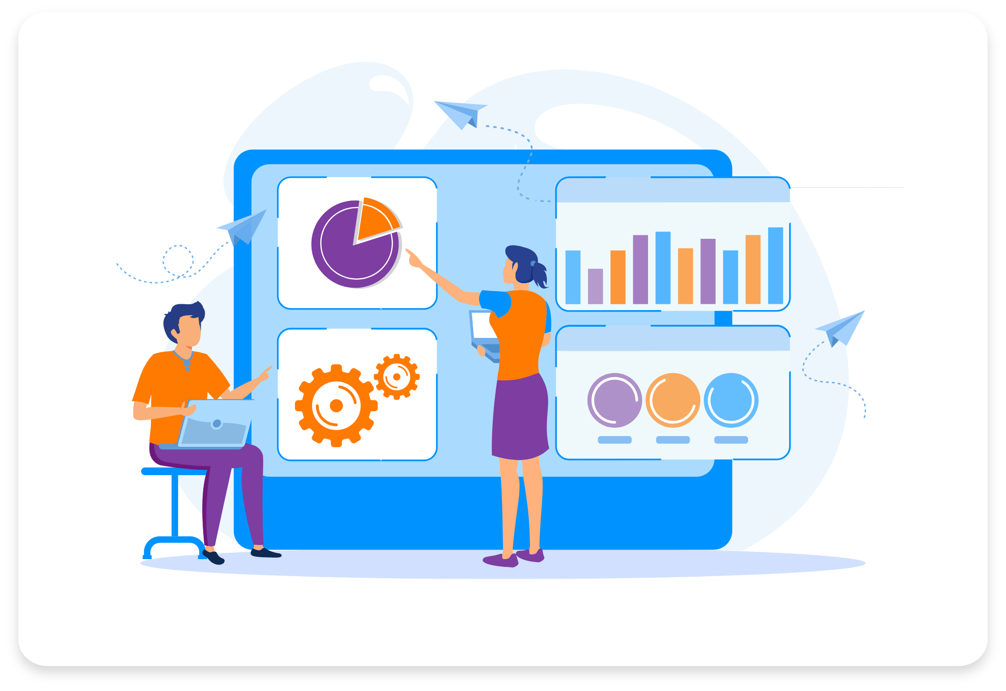 Vector illustration of team productivity analysis, a team lead checking the performance of a team.