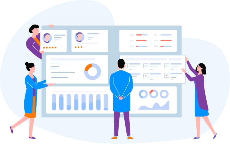 Vector illustration of team productivity analysis, a team lead checking the performance of a team.