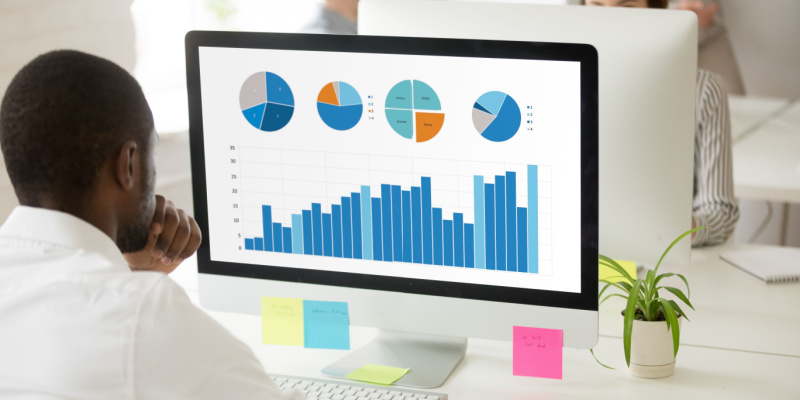An African professional analyzing graphic data charts and graphs of project performance on pc monitor in an office environment.